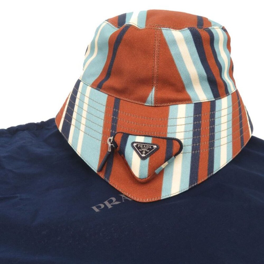 Prada Triangle Logo Stripe Size XL Cotton Multicolor Bucket Hat 1378 - Picture 2 of 9